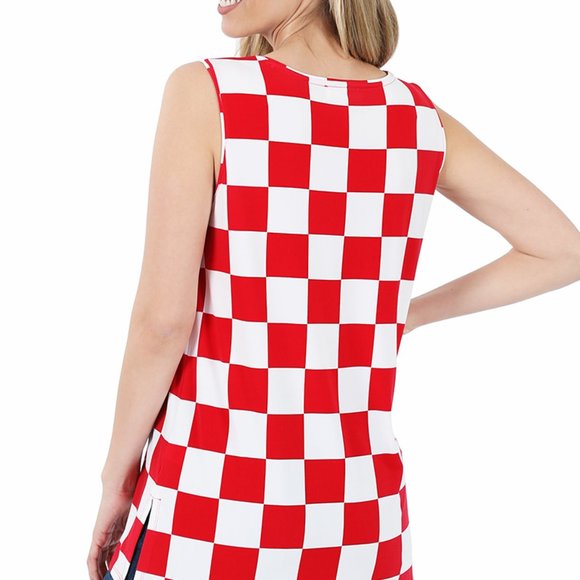 Coastal Grandma Checkered Print Sleeveless Top with side slit Cool Summer Top - Picture 5 of 5